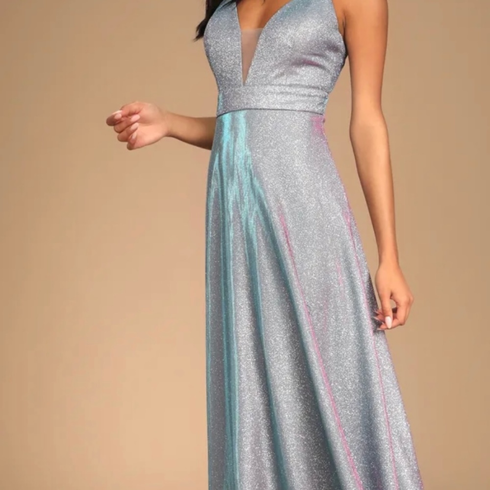 Lulu’s Party Night Shiny Light Blue Iridescent Maxi Dress